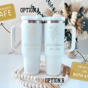 Custom 40Oz Bride Tumbler With Handle, Personalized Mrs Engagement Gift, Bridal Shower Present, Wedding Gift For Bride To Be Or Bridesmaid