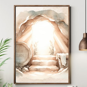 He is Risen, Jesus Empty Tomb Wall Art, afdrukbare paasopstanding, christelijke digitale download, bijbelvers muurafdruk, schriftgeschenken