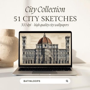 以下が含まれることがあります： ドームのある建物の白黒の建築図面が表示されたラップトップコンピューター。ラップトップには、「BATINLOOPS」というテキストと虫眼鏡のアイコンが書かれた白い検索バーがあります。「City Collection 51 CITY SKETCHES 500 dpi - high quality city wallpapers」というテキストがラップトップの上に表示されています。