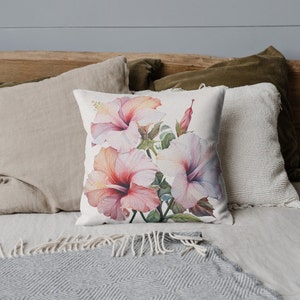 Watercolor pink Hibiscus floral throw pillows , stylish, elegant, unique, durable,