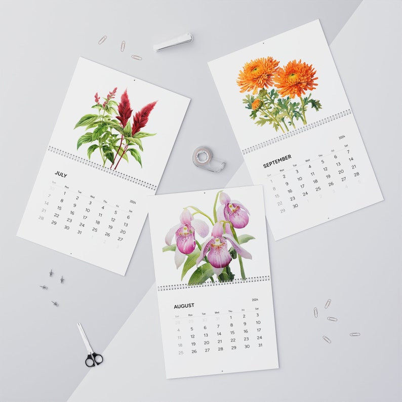 Printable, 2024 Floral, Wall Calendar, Monthly, Watercolor Flowers