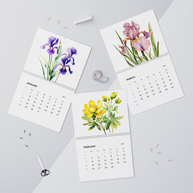 Printable, 2024 Floral, Wall Calendar, Monthly, Watercolor Flowers