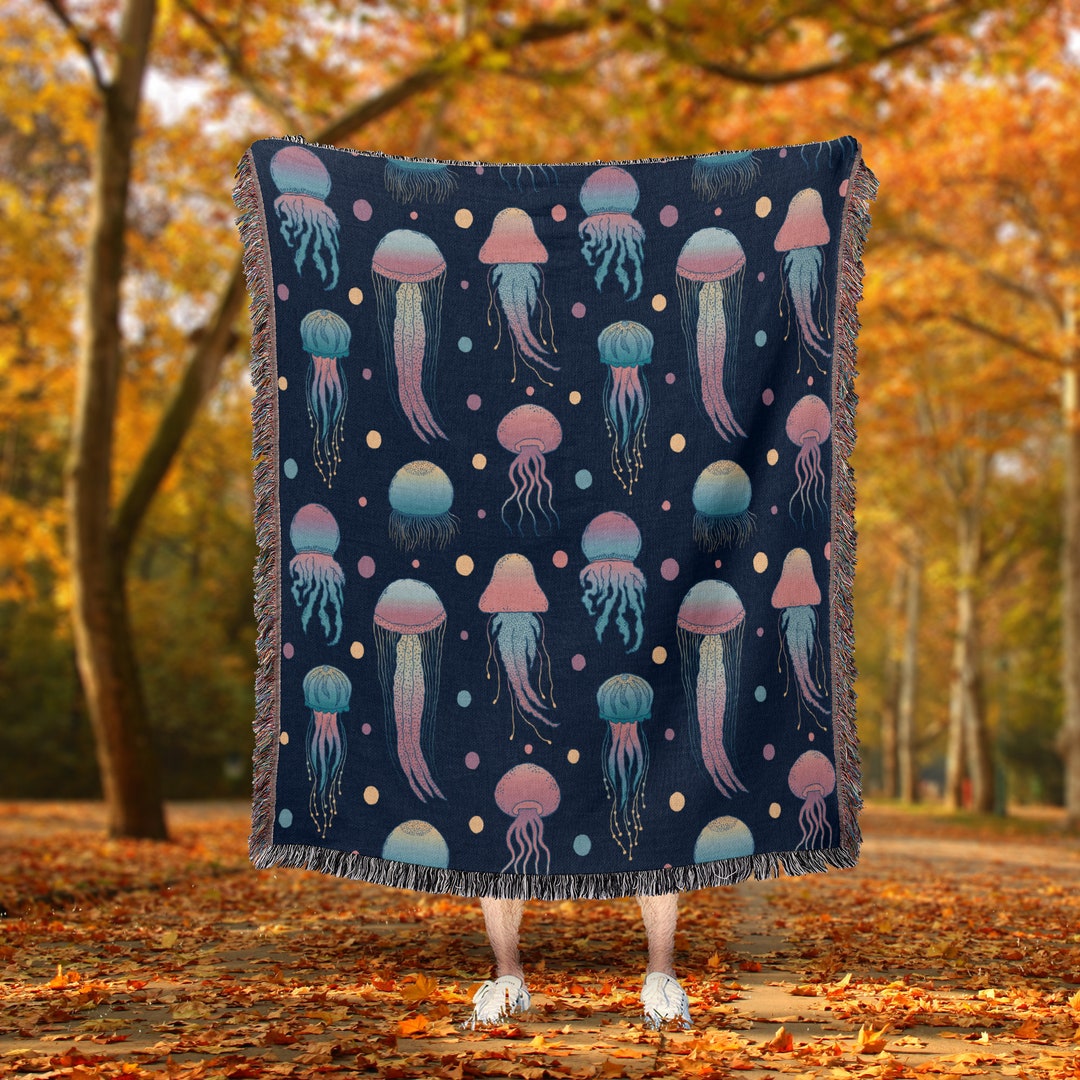 Vintage Jellyfish Woven Throw Blanket, Nautical Woven Tapestry, Beach