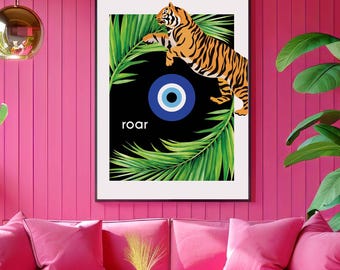 Tropical Tiger With Evil Eye & Plant Artwork for Digital Print Download - Size Small, Medium, Large - Minimalist Meets Maximalist Home Decor