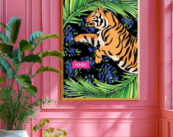 Tropical Tiger Animal Print & Plant Artwork for Digital Print Download - Size Small, Medium, Large - Minimalist Meets Maximalist Home Decor