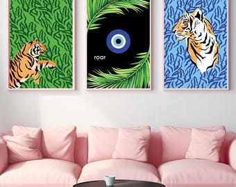 Tropical Tiger With Evil Eye & Plant Artwork for Digital Print Download - Size Small, Medium, Large - Set of Three Boho Home Room Bath Decor