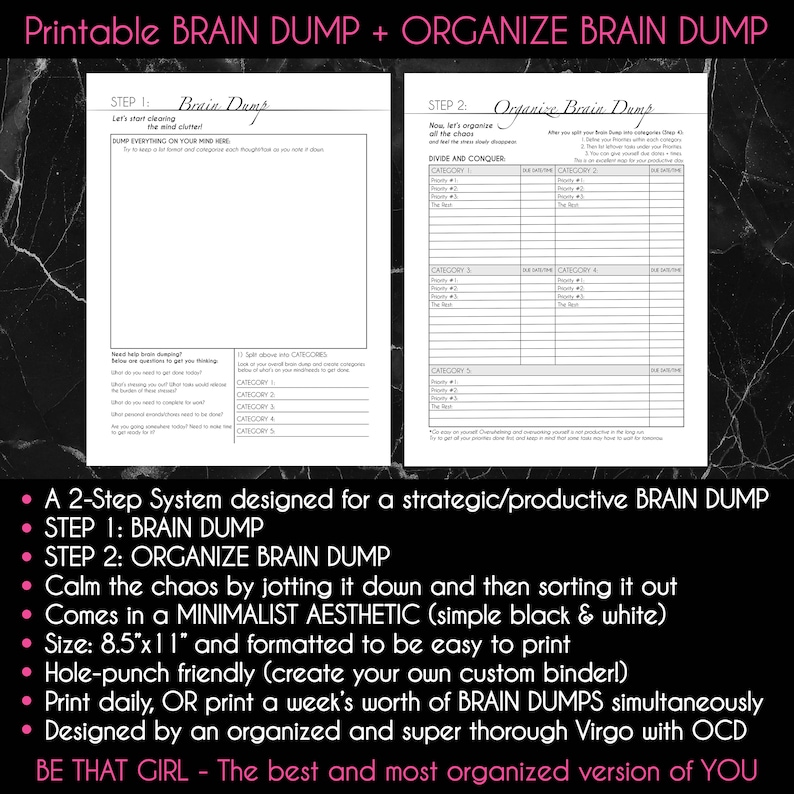 Printable Strategic 2-step Brain Dump + Organize Brain Dump (minimalist ...