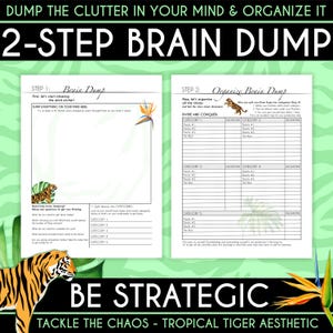 Pode incluir: Uma folha de trabalho imprimível com um tema de tigre tropical para ajudar a organizar pensamentos e ideias. A folha de trabalho é dividida em duas etapas: Brain Dump e Organize Brain Dump. A primeira etapa incentiva os utilizadores a escrever tudo o que lhes vier à mente, enquanto a segunda etapa os ajuda a categorizar e priorizar os seus pensamentos.
