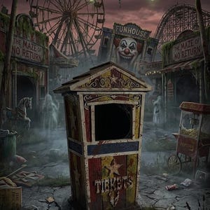 May include: A weathered red, white, and blue ticket booth with a star emblem and the word TICKETS printed on the front. It is situated in a dilapidated carnival setting featuring a Ferris wheel, a funhouse, and a popcorn cart under a dark sky.