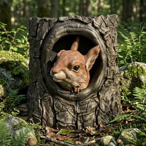 May include: A brown squirrel figurine peeking out from a hollow opening in a dark brown, textured tree stump sculpture. The squirrel has large dark eyes, pointed ears, and light brown fur details, while the stump features realistic bark.