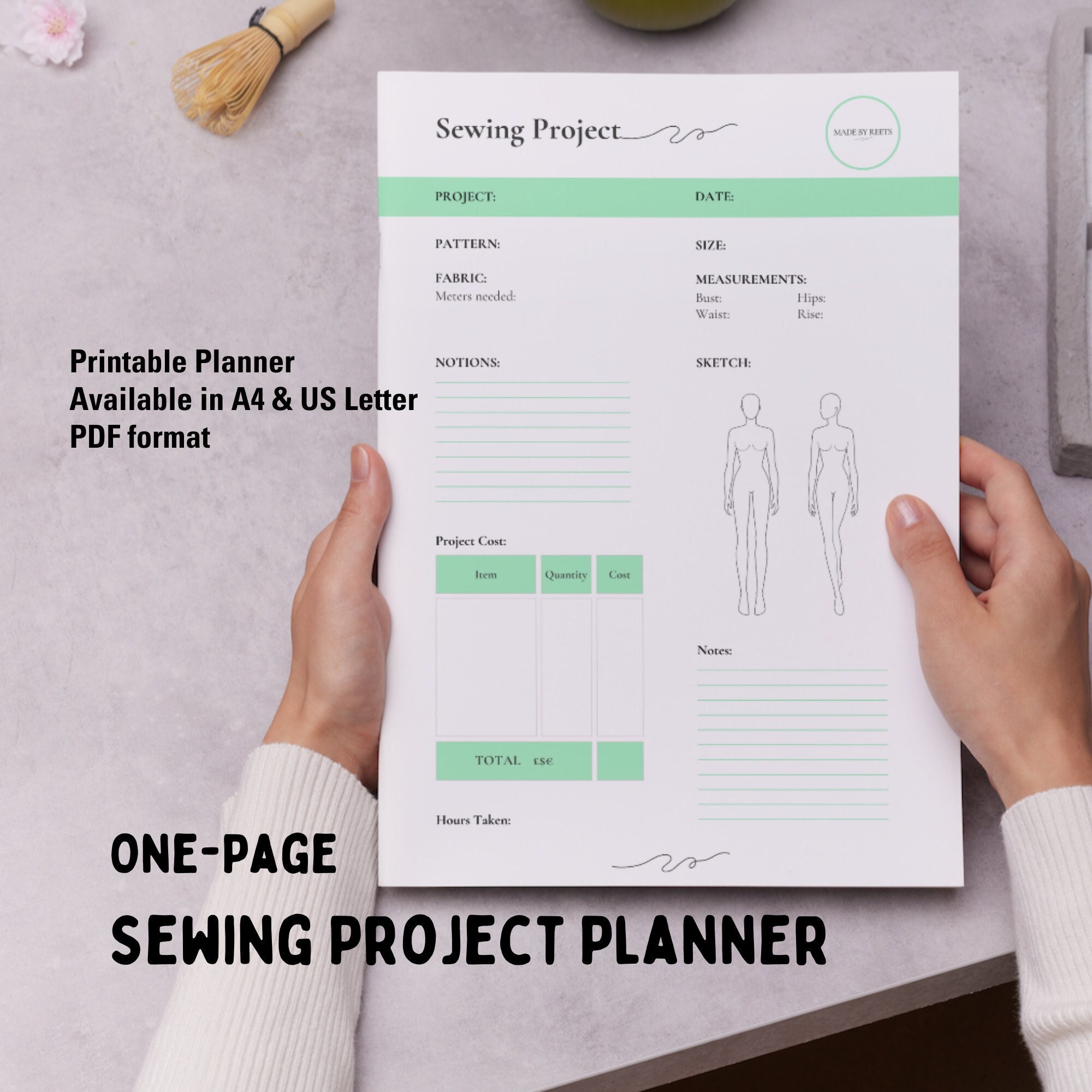 Green PDF Printable Planner Sewing Project Journal Planner Sewing Planner Printable PDF Planner Digital Sewing Tracker Journal A4 US Letter