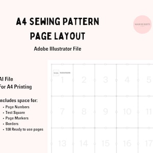 Puede incluir: Plantilla de diseño de página de patrón de costura A4 para Adobe Illustrator. La plantilla incluye espacio para números de página, un cuadrado de prueba, marcadores de página, bordes y 108 páginas listas para usar.