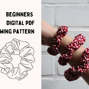 May include: A digital PDF sewing pattern for beginners to make scrunchies. The pattern includes a line drawing of a scrunchie and a photo of three red scrunchies with white polka dots on a person's arm.