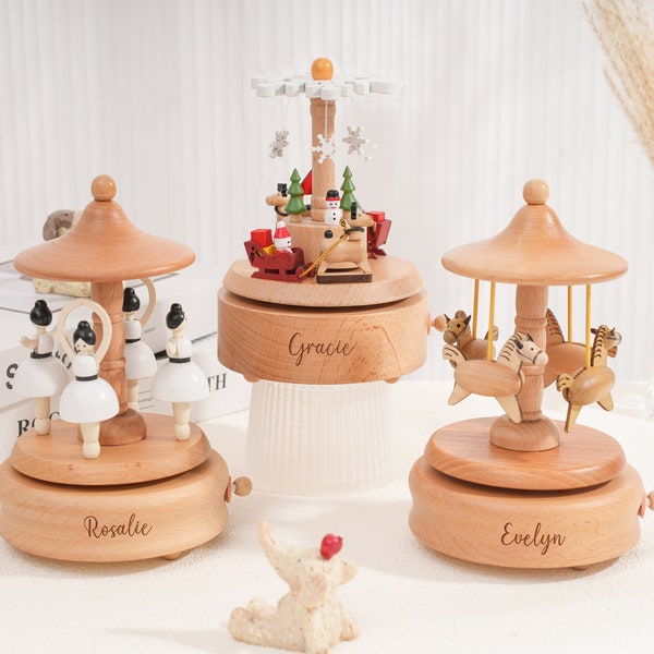 Boîte à musique en bois personnalisée, cadeaux de vacances personnalisés pour les enfants, cadeau de baby shower, boîte à musique avec nom gravé, carrousel musical, cadeau d’anniversaire