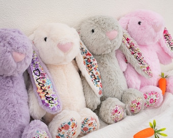 Felpa de conejo de conejito personalizado, conejito personalizado, juguete de felpa de conejo de conejito de niña de flores, conejito monograma para baby shower, conejo de conejito de Pascua