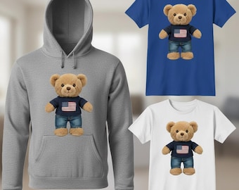 Patriotic Teddy Bear PNG with USA Flag Shirt – Plush Bear in Denim Jeans, American Clipart, Sublimation Digital Download