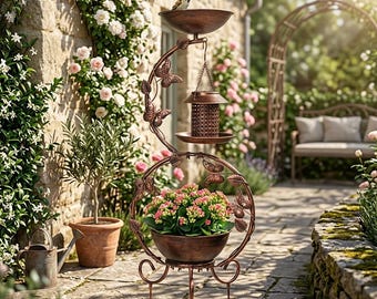 3-in-1 Metal Bird Bath with Solar Feeder, Butterfly Planter, Bronze Garden Decor