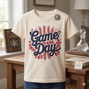 May include: Cream-colored t-shirt with the embroidered text "Game Day" in navy blue script, surrounded by red and white floral accents. A decorative silver flower pin is attached near the neckline. The shirt is displayed on a wooden table.