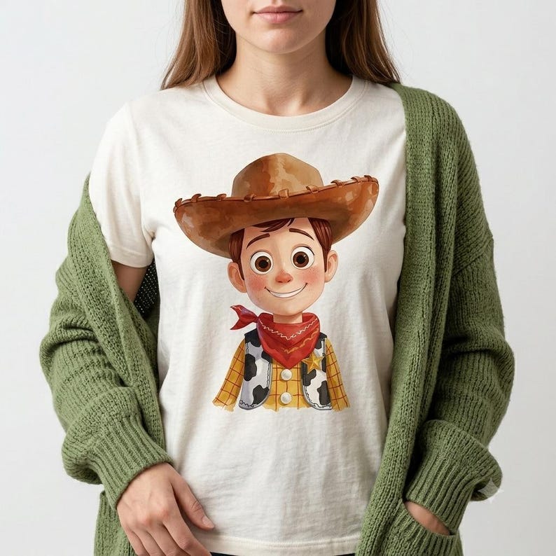 May include: An off-white t-shirt featuring a cartoon illustration of a character wearing a brown cowboy hat, a red bandana, and a yellow and white cow-print vest. The character has brown hair, large eyes, and a smiling expression, layered under a green cardigan.