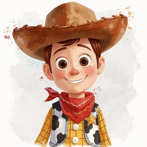 May include: A cartoon illustration of a character wearing a brown cowboy hat, a red bandana, and a yellow plaid shirt under a white vest with black cow-print spots. The character has brown hair, freckles, and a gold star badge on the vest.