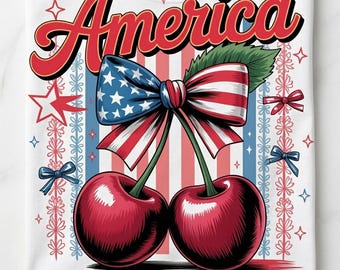 America Cherry Coquette Bow PNG SVG, Striped Patriotic Cherry, 4th of July png Design, Retro USA Cherry , Ditsy Floral Patriotic Clipart,