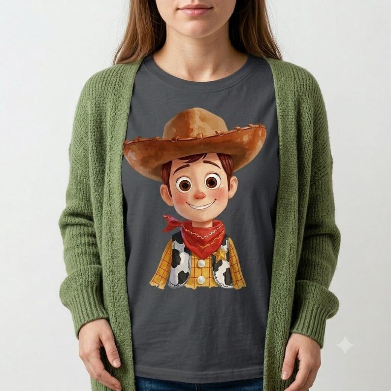 May include: A dark gray t-shirt featuring a cartoon illustration of a character wearing a brown cowboy hat, a red bandana, and a yellow shirt with a black and white cow-print vest, layered under a long-sleeved olive green open-front knit cardigan.