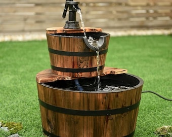 Rustic Fir Wood Barrel Water Fountain, Hand Pump Garden Decor