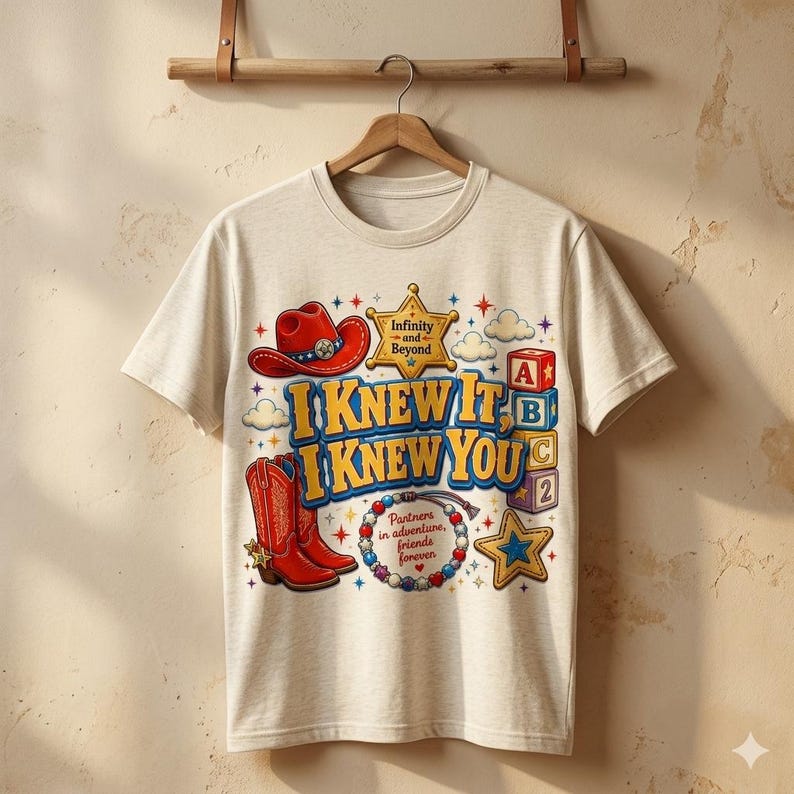 Pu&ograve; includere: Una t-shirt a maniche corte color crema con una stampa grafica raffigurante un cappello da cowboy rosso, stivali da cowboy rossi, una stella da sceriffo gialla, blocchi dell'alfabeto e un braccialetto di perline. Il testo recita "Infinity and Beyond", "I KNEW IT, I KNEW YOU" e "Partners in adventure, friends forever".