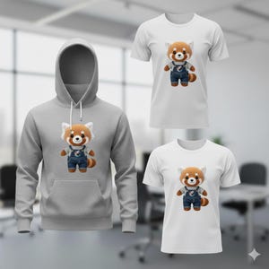 May include: A gray hooded sweatshirt and two white t-shirts, each featuring a cartoon red panda wearing blue overalls. The red panda has brown and white fur. The sweatshirt has a front pocket.