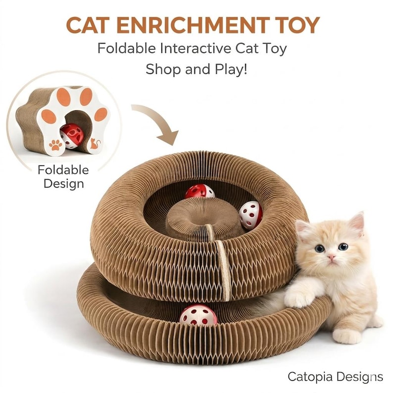 Op de afbeelding: Een bruin, opvouwbaar kattenverrijkingsspeelgoed met een cirkelvormig ontwerp, met meerdere niveaus en openingen. Het speelgoed bevat rode en witte ballen om mee te spelen. De tekst "CAT ENRICHMENT TOY" is ook zichtbaar.