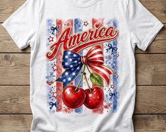America Cherry Coquette Bow PNG, Patriotic 4th of July Cherry Clipart, Red White Blue Striped USA PNG, Retro Americana Ditsy Floral
