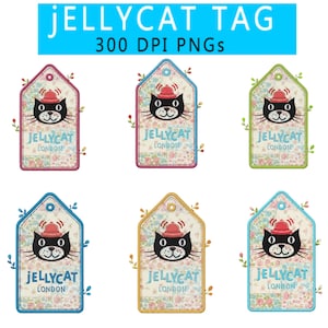 May include: Six decorative tags with a floral pattern background and a cartoon cat wearing a hat. Each tag has a different colored border and the text "JELLYCAT LONDON". The text "JELLYCAT TAG 300 DPI PNGs" is at the top.