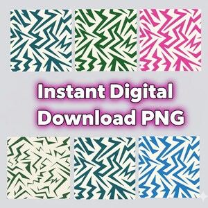 May include: Six square digital patterns with a repeating abstract design in various colors. The patterns include teal, green, and pink zig-zag shapes on a cream background. The text "Instant Digital Download PNG" is displayed.