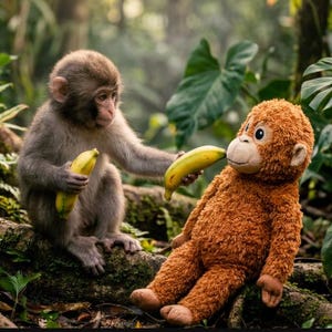 Könnte beinhalten: Ein junger Affe bietet einem Stofftier-Orang-Utan eine Banane an. Der Affe mit grauem Fell sitzt auf einem moosbewachsenen Ast, während das orangefarbene Plüschtier daneben liegt. Üppiges grünes Laub umgibt sie.