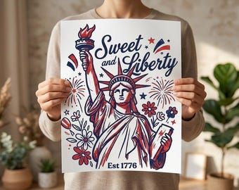 Sweet Land of Liberty PNG, Statue of Liberty Retro, 4th of July Sublimation Design, Patriotic Brushstroke Floral PNG, 1776 America Graphic,