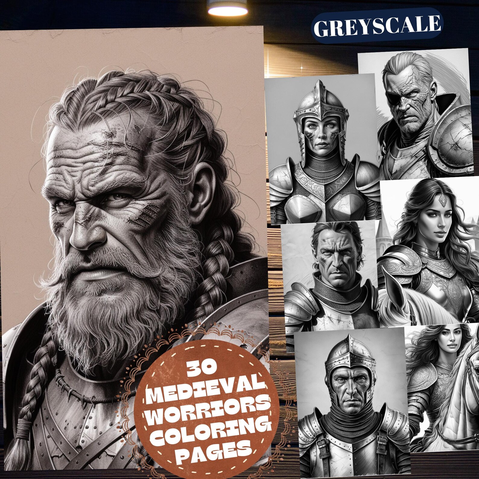 Medieval Worriors Coloring Pages, Greyscale Coloring Book for Adults ...