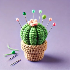 May include: A green crocheted cactus pincushion with pink flower detail, sitting in a brown crocheted pot. The cactus has colourful pins stuck in it.