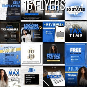 Può includere: Un collage di 16 volantini che pubblicizzano servizi di preparazione fiscale. I volantini presentano vari design con schemi di colori blu e nero. Alcuni volantini includono immagini di persone, mentre altri presentano testo e grafica. Il testo sui volantini include frasi come "Lavoratore autonomo", "Numeri fiscali", "Anticipo fino a 5.000 €", "Preparare la stagione fiscale", "Stime gratuite", "Ottieni il tuo rimborso massimo", "Unisciti al team", "Hai i tuoi documenti?" e "La stagione fiscale è qui".