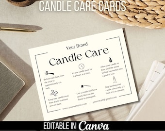 Pode incluir: Um cartão branco com texto preto e ícones que descrevem as instruções de cuidados com as velas. O cartão inclui dicas sobre como aparar o pavio, o tempo de queima e como apagar a chama. O texto inclui "Candle Care", "Your Brand", "www.yourwebsite.com" e "youremail@gmail.com". O cartão também diz "Editable in Canva".