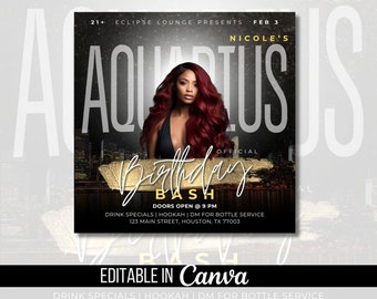 February Aquarius Birthday Flyer Template, Birthday Weekend Club Flyer, Black and Gold Bday Event Flyer, Birthday Party Invitation Flyer