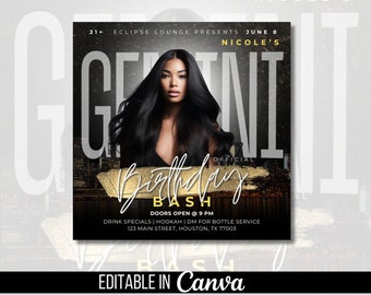 Gemini Birthday Flyer Template, June Birthday Weekend Club Flyer, Black and Gold Bday Event Flyer, June Birthday Party Invitation Flyer
