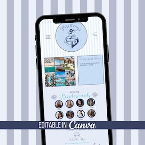 Peut inclure: Une invitation numérique sur un écran de smartphone avec un thème nautique. Le design présente un code couleur bleu et blanc, un graphique d'ancre et le texte "Brittanys on the coast". L'invitation est modifiable dans Canva.