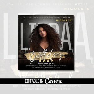May include: A black and gold birthday party invitation with a woman's face in the center. The text reads "Nicole's Official Birthday Bash" with the date and time of the event. The location is 123 Main Street, Houston, TX 77003.