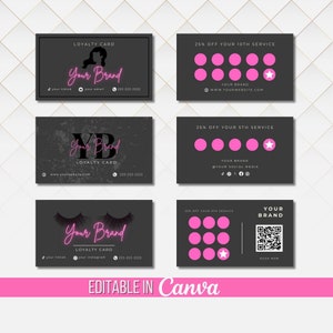 Cartões de fidelidade Nail Tech, cartão de visita de cílios, cartões de visita de cabelo, marketing de esteticista, modelo de canva de cartão de recompensas de cliente