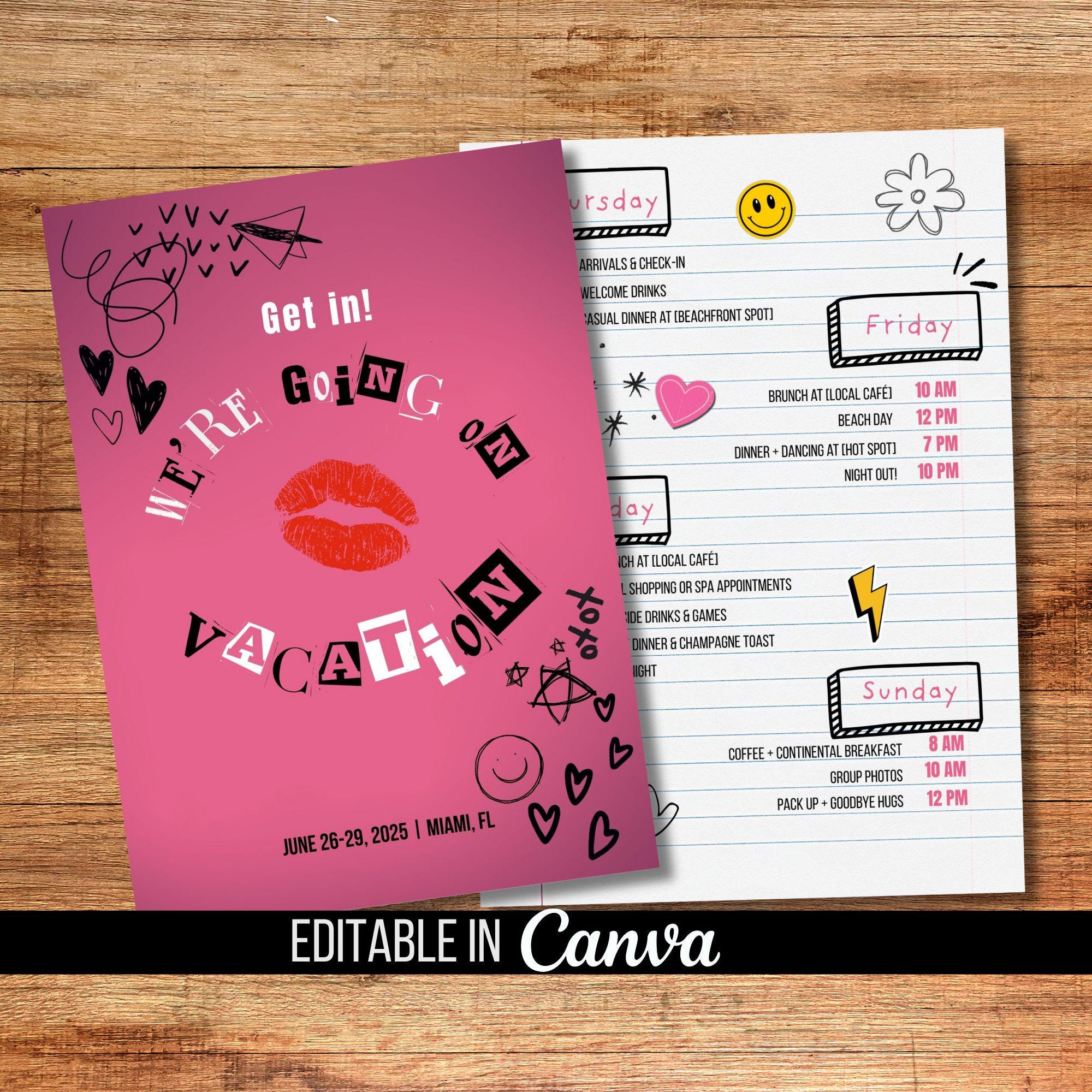 Burn Book Girls' Trip Itinerary, Editable Canva Invitation Template