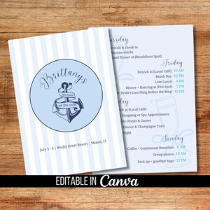 Peut inclure: Un faire-part de mariage à rayures bleues et blanches avec le texte "Brittany's on the Coast" et une ancre. L'itinéraire comprend un programme d'événements et le texte "Editable in Canva."