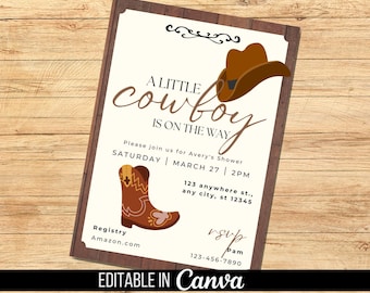 Printable Cowboy Baby Shower Invitation, Western Theme (Digital Invitation)