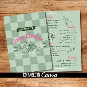 Plantilla editable de Canva para invitación de despedida de soltera de campamento, itinerario de viaje de chicas
