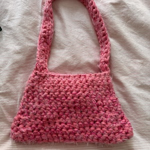 small pink crocheted handbag, festive crochet bag with angora wool, glitter bag handmade, unusual crocheted shoulder bag