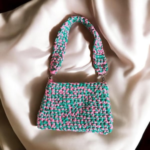 Recycled handbag, handmade unique piece, eco-friendly fashion accessory, green pink shoulder bag on Etsy, crocheted Easter gift